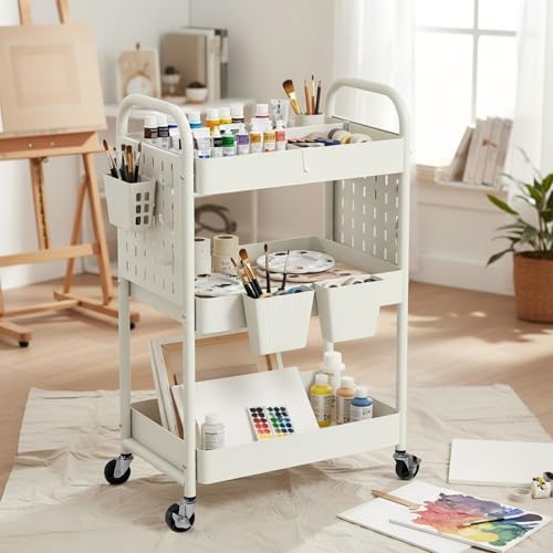 danpinera Craft Cart, Black Rolling Cart with Retractable Dividers & DIY Pegboards for Kitchen, Bedroom, Laundry - color: White