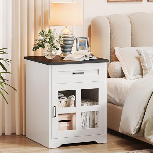 Farmhouse End Table Set of 2, 18" Square Side Table with Drawer and Barn Door Storage, Wood Couch Side Table for Living Room, Bedroom, White - size: 2PCS