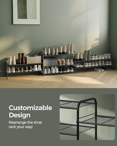 SONGMICS Shoe Rack, 2-Tier Shoe Organizer, Metal Shoe Shelf Storage with 4 Side Hooks, Holds 12 Pairs of Shoes, Height-Adjustable Shoe Rack for Entryway, Hallway, Closet, Ink Black ULMR128B01 - size: 2 Tiers (33.5"W)