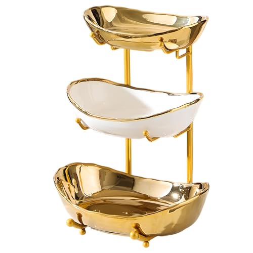 YYW 3 Tier Fruit Bowl for Kitchen Counter, White Gold Silver Ceramic Fruit Stand for Countertop, Home Fruit Rack with Metal Holder, Vegetable Snacks Nuts Bread Candy Storage (Gold (Smooth)) - color: Gold (Smooth)