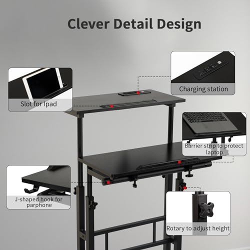 Hadulcet Mobile Standing Desk with Charging Station, Adjustable Standing Computer Desk, Standing Adjustable Laptop Cart with Wheels for Home Office Classroom Black - color: Black, size: 23.6" With Charging Station