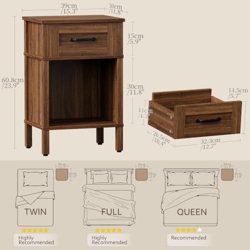 Farmhouse Nightstand with Drawer, Small Wood Bedside Table, Rustic Side Table, Modern End Table with Drawer, Retro Wooden Red Brown Night Stand for Bedroom - color: Walnut Brown