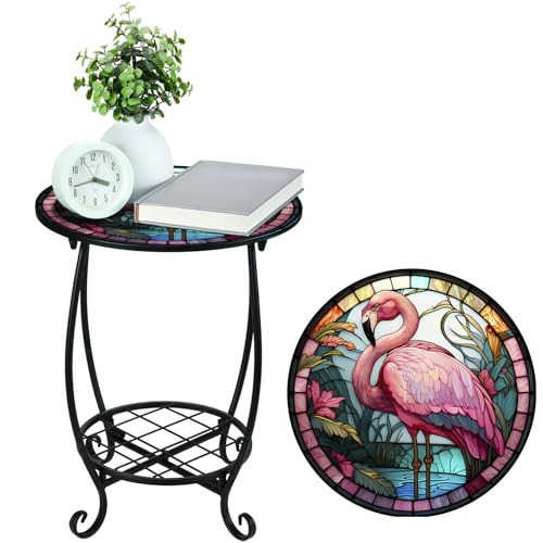 Cinnvoice Outdoor Side Table Round Small Mosaic Patio Accent Indoor End Plant Coffee Tea Table for Yard Patio Porch Garden Living Room, Bedroom(Flamingo Style,12 Inch) - size: 12 Inch, style: Flamingo Style