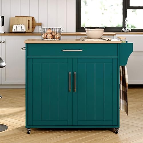 Kitchen Island with Storage, Wooden Countertop Rolling Kitchen Island On Wheels Storage Cabinet, Mobile Kitchen Island Cart with Towel Rack, Spice Rack and Drawers,Green - color: Green