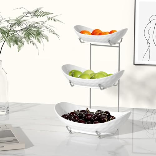 Fruit Bowl, 3 Tier Ceramic Fruit Basket, 3 Tier Serving Stand Serving Bowl with Metal Rack, Porcelain Kitchen Bowls for Fruit Vegetable Snack Nuts Dessert Cake Tray for Party Wedding - color: White