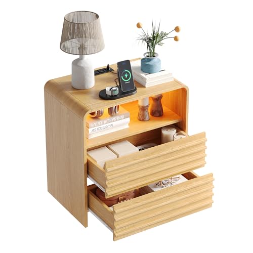 Fameill Fluted Nightstands,Nightstand with Charging Station,LED Night Stand with Two Drawers,Bedside Table with USB Ports and Outlets,Modern End Table for Bedroom (Burly Wood) - color: Burly Wood
