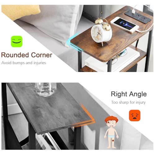 LOAKEKEL Narrow Nightstand with Charging Station, End Tables Living Room Set of 2, Skinny Side Table with Fabric Drawers, Small Sofa Table with LED Light for Bedroom, Brown, HETNDP02LBR - color: Rustic Brown + Black, style: Power + Light