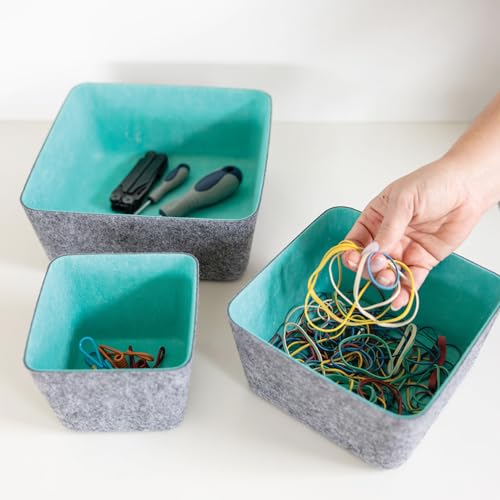 Three by Three Seattle Tapered Felt Storage Bins 2-Pack 9x9 (Charcoal/Blue) | Recycled felt tapered bins; soft non-scratch; 5"x5" fits most drawers; organize desk, office, bathroom, bedroom & entryway - color: Charcoal/Blue