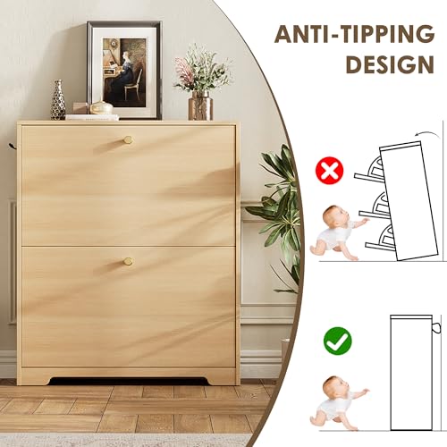 Nicetree Shoe Storage Cabinet with 2 Flip Drawers, Slim Shoe Cabinet, Hidden Shoe Rack Cabinet, Shoe Storage Cabinet for Entryway, Hallway, Foyer, Natural Oak - color: Natural Oak, style: 2-Drawers