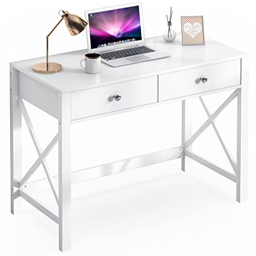 WiberWi Home Office Desk with Drawers, Modern Writing Computer Desk for Bedroom, Small Makeup Vanity Table Study Table for Home Office,White - color: White