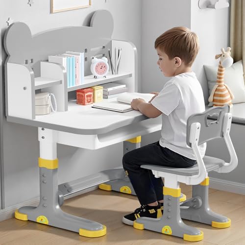 Kids Desk and Chair Set, Height Adjustable Child's School Study Writing Tables, Kids Desk with Bookstand and Storage Drawer, Widened Desktop with Desktop for Boys and Girls (Gray-F) - color: Gray-f