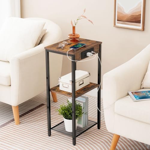 HOOBRO Tall End Tables with Charging Station, Set of 2, 30 Inch Tall Nightstands, 3-Tier Side Tables with Adjustable Storage Shelves, for Living Room, Bedroom, Hallway, Rustic Brown BF09UDHP201G1 - color: Rustic Brown + Black
