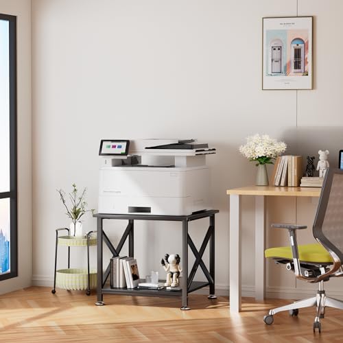 Printer Stand, 23.6 x 23.6 Inches Large Printer Stand with Storage Shelf, 2 Tier Printer Table for Home Office, Rolling Printer Cart with Industrial Wheels, Mini Fridge Stand Table, Black - color: Black