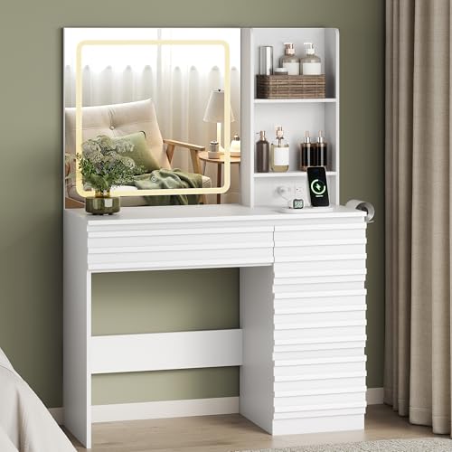 Makeup Vanity Desk with Lights, Fluted Vanity with 4 Drawers, Open Shelves, Power Outlet, LED Lighted Mirror, 3 Lighting Modes & Brightness Adjustable, Wood Dressing Table for Bedroom,White - color: White