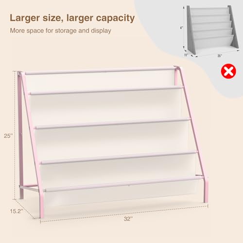 Trieez High-Transparent 4 Tier Kids Bookshelf, Sturdy Metal Large Size Book Rack Storage for Kids - Toddler Book Shelf Display for Nursery, Kids Room, Deep Size Bookshelf Hold More Books, Pink
