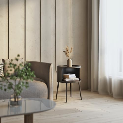 ZHBHHYZ Modern Round Side Table with Open Storage, Metal Nightstand End Table, Bedside Table for Living Room and Bedroom, Matte Black - color: Black-round
