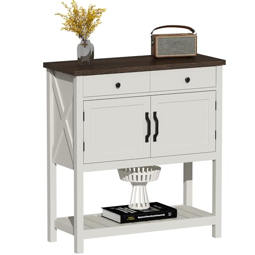ChooChoo Farmhouse Console Table, Entryway Table with Storage Shelf, Coffee Bar Cabinet, Narrow Buffet Sideboard for Kitchen, Hallway, Living Room, White - color: White