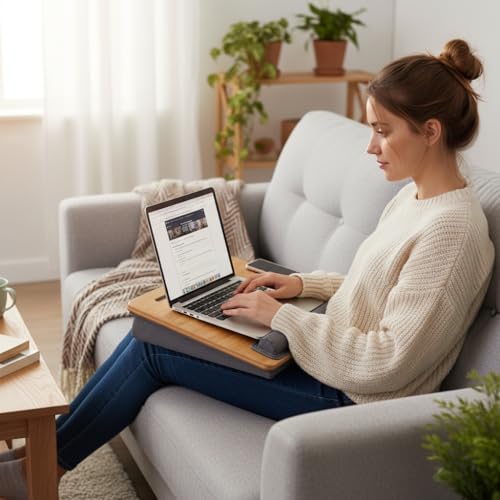 Lap Desk for Laptop with Cushion, Bamboo Laptop Stand with Anti-Slip Strip Tablet Phone Holder, Fits up to 15.6 inch Portable Computer Lap Desk for Couch, Bed & Car - size: 16.5"x13.4" Fixed