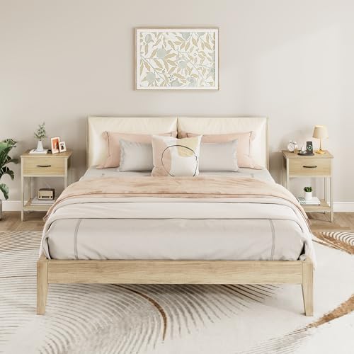 Vagusicc Nightstand Set of 2 with Charging Station, Bed Side Table with Fabric Drawer, Small End Table with 2-Tier Storage Shelves, 25.4" Tall Bedside Table, Night Stand for Bedroom Dorm, Natural - color: Natural (2 Pack)