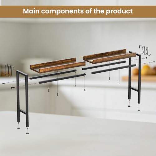31 Inch Over the Stove Spice Rack, Adjustable 3-Tier Stove Top Shelf Equipped with 6 Utility Hooks to Organize Spices & Kitchen Gadgets (Browm) - color: Brown