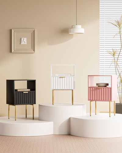 Nightstand,Modern Bedside Table with Gold Frame,White Night Stand,Bedside Furniture, Modern Side Table with Drawer and Shelf for Bedroom,Living Room (White) - color: White