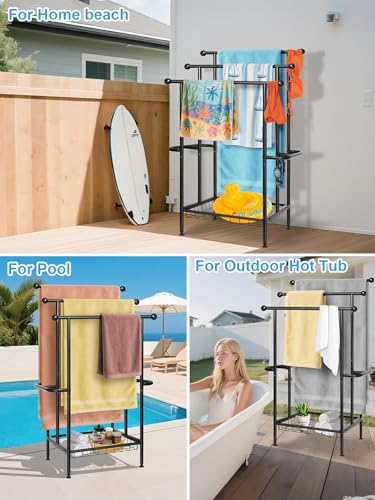 Freestanding Towel Rack for Bathroom, Pool & Outdoor, 3-Tier 39" Metal | Rust-resistant metal towel drying rack with storage basket, designed for oversized towels 24.4" L x 13" W x 39" H - size: 24.4"L x 13"W x 39"H