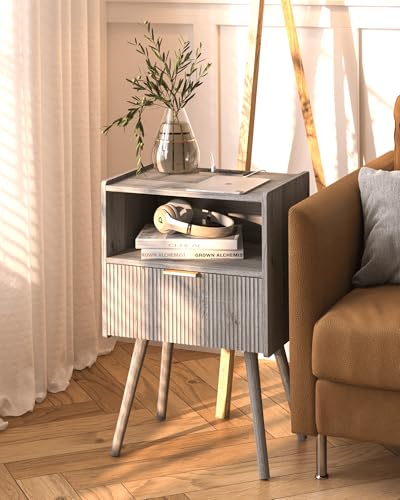 JOONEE Nightstand with Outlet,Modern Bedside Table with Storage Drawer and Open Wood Shelf, for Living Room, Bedroom and Small Spaces, Accent Night Stand with Solid Wood Legs, Easy Assembly,Grey Oak - color: Grey Oak-outlet