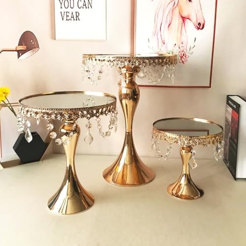 8 Inches 20 cm Gold Round Mirror Cake Stand Cupcake Stands Metal Pedestal Holder with Crystals, Party Dessert Cheese Display Plate for Wedding Party Birthday Baby Shower Celebration Home Decors