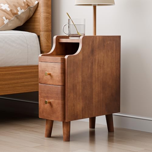 Nightstand with Drawers Set 2, Pre-Assembled, 19.7" H Natural Solid Wood Night Stand with Open Sliding Shelf, Mid Century Modern Small Bedside Table Cabinet for Bedroom, Walnut 8" - color: Walnut-2pack, size: 8"