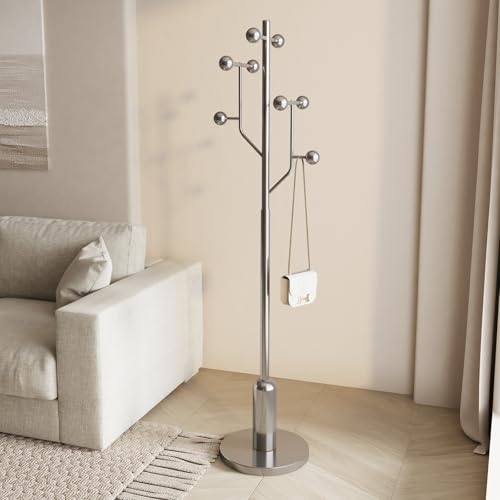 Coat Rack Freestanding Metal Coat Tree with 8 Metal Hooks | Heavy Duty Standing Coat Rack, Stainless Steel Marble Base, Coat Hanger Stand for Bedroom Entryway Hallway, Hat, Bags - color: Silver - Polished Chrome