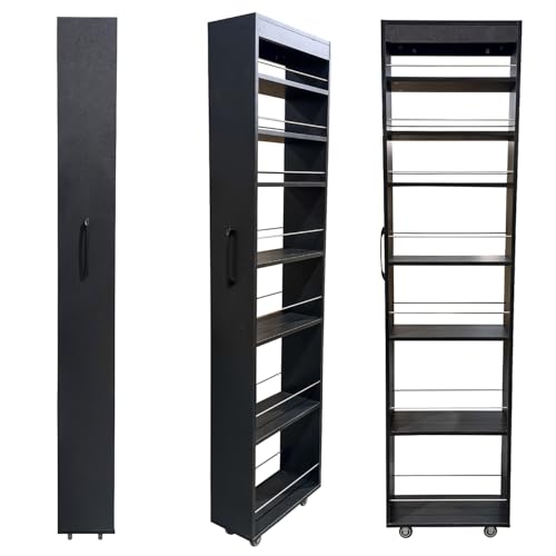 7-Shelf Tall Narrow Storage Cabinet with Wheels, 71 Inch, Black | Slim Pull-Out Organizer, 7.87 Inch Wide for Small Spaces Between Washer/Dryer, Kitchen, Bathroom and Laundry Room - color: E-black