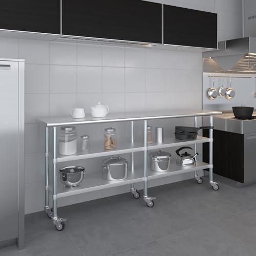 AmGood Stainless Steel Work Table with 2 Shelves and Casters | Metal Utility Table On Wheels (Stainless Steel Work Table with 2 Shelves + Casters, 84" Long x 18" Deep) - size: 84" Long x 18" Deep