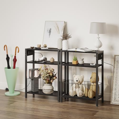 TRIFEBLE Narrow Side Table with Charging Station, Small End Table for Small Spaces, Slim Nightstand with Storage Basket, 3 Tier Skinny Bedside Table for Living Room, Bedroom, Black - color: Black, style: With Basket & Power