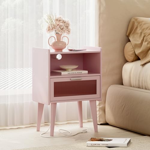 MMEOLUOOK Nightstand with Charging Station, Bedside Tables Pink End Table Side Table with 2 Tiers Storage Space, for Bedroom Living Room MLBZ07PE - color: Pink
