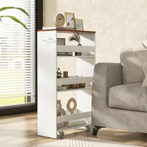 LOKO 4-Tier Rolling Storage Cart, 8 Inches Slim Kitchen Cart on Wheels with Open Shelves & Handle, Laundry Room Cart Between Washer and Dryer, for Bathroom Next to Fridge (White & Rustic Brown) - color: White & Rustic Brown