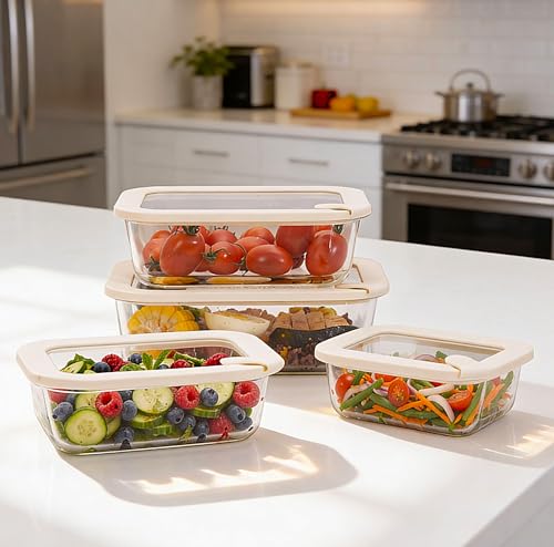 Urban Green Glass Food Storage Containers with Glass Lids, Microwave Safe Food Container Set, Aitight Meal Prep Container Set, LeakProof, 100% Plastic Free, 4 Pack - color: Ivory White -4p