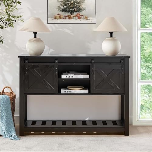 Black Farmhouse Entryway Table, Rustic Hallway Table with Storage Shelf, Sofa Table with Sliding Barn Doors for Hallway, Entryway, Living Room, Foyer - color: Black