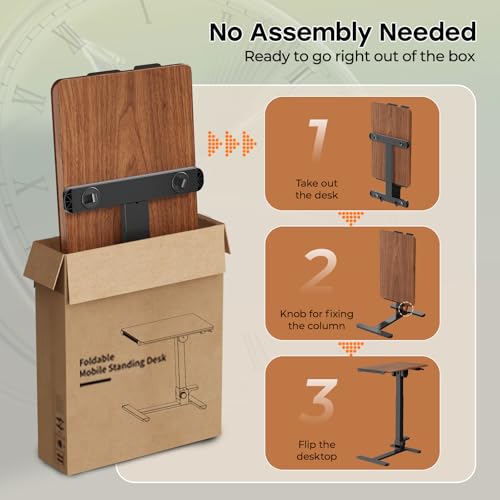 Foldable Mobile Standing Desk, 27 Inch Small Rolling Laptop Cart Height Adjustment, 90° Tiltable Bedside Table, No Assembly Needed Portable Computer Workstation, Dark Wood - color: Dark Wood