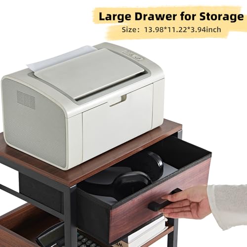 Lerliuo 3-Tier Printer Stand with Fabric Drawer and Shelves, Walnut | Three-tier printer stand with fabric drawer and two shelves for paper, office supplies, scanners and fax machines - color: Walnut