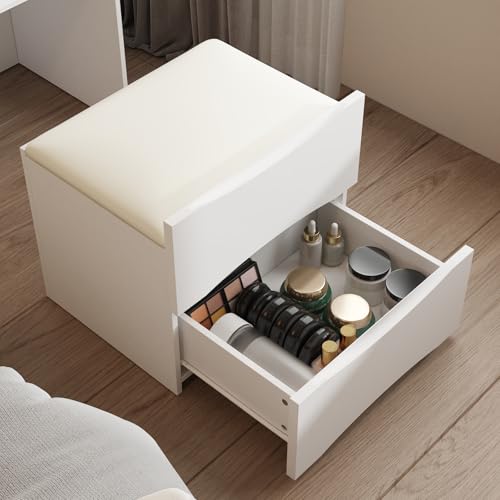 FUFU&GAGA Vanity Desk with Flip Top Mirror and Lights, Small Makeup Vanity Set with Glass Shelf, Space Saving Dressing Table with 3 Drawers & Cushion Stool for Bedroom, White 18.7”W x 15.7”D x 47.2”H