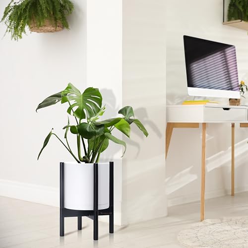 D'vine Dev Plastic Pot with Ebony Wood Stand, White, 10 in, 55-C-N-1 | Mid-Century Inspired Design, Elevated Plant Display, Clean Lines, Sturdy Support, Modern Space-Saving Style - color: Matte White Pot + Ebony Stand, size: 10 Inch