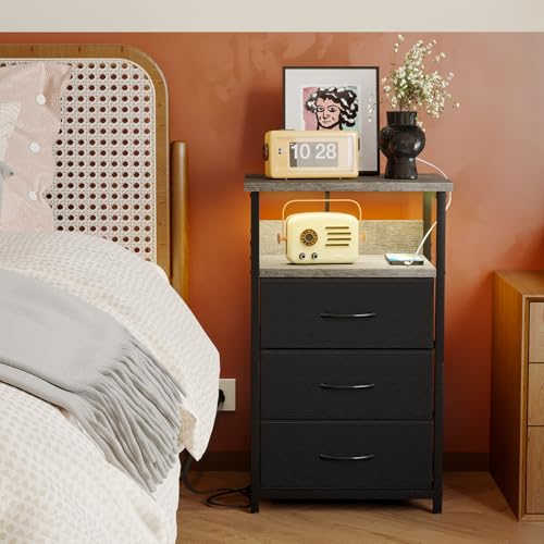 Fixwal Night Stand with Charging Station, LED Nightstand with Fabric Drawers, End Table with PU Finish, Bed Side Table, French Oak - color: French Oak, size: 27.6"H (3 drawers), style: Power+Light (1pc)