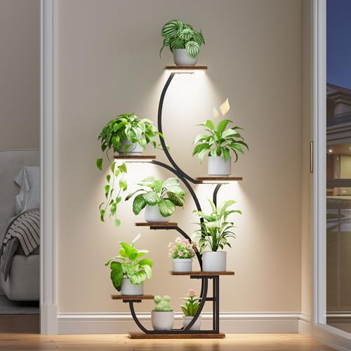 Plant Stand Indoor with Grow Lights, 7 Tier Lighted Corner Plant Shelf, 57" | Tall Plant Stands with Full Spectrum Light for Growing, Metal S-Shaped Flower Display Holder for Home, Office, Black