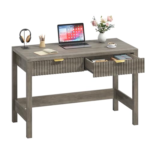 YOMILUVE Fluted Computer Desk with 2 Drawers, 39 Inch Small Computer Desk with Storage, Compact Writing Study Desk for Small Spaces, Gray - color: Grey