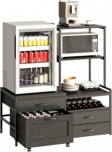 Herture Mini Fridge Stand with Wine Rack, Kitchen Bakers Rack with Power Outlet, Microwave Oven Stand, Coffee Bar, Movable Drawers, for Dorm,Office, Black HB04BXB - color: Black