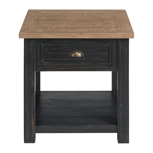 Monterey Farmhouse Rustic End Table, Solid Pine Wood Coastal Side Table with Drawer and Shelf. Black and Driftwood. | Farmhouse Rustic, Coastal Side Table, Drawer and Storage Shelf - color: Black and Driftwood