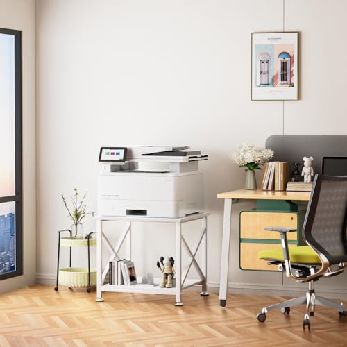 Printer Stand, 23.6 x 23.6 Inches Large Printer Stand with Storage Shelf, 2 Tier Printer Table for Home Office, Rolling Printer Cart with Industrial Wheels, Mini Fridge Stand Table, White - color: White