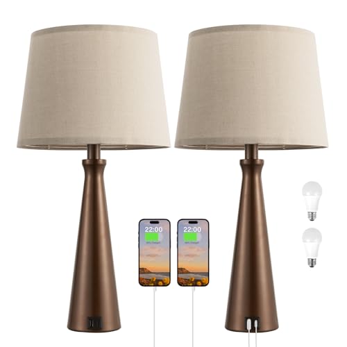 Seealle Modern Table Lamps Set of 2 - Touch Bedside Lamp for Nightstand with Dual USB C+A,3-Way Dimmable Brown Nightstand Lamps for Living Room Bedroom End Table with Oat Shade(Bulb Included) - color: F. Brown-Oat