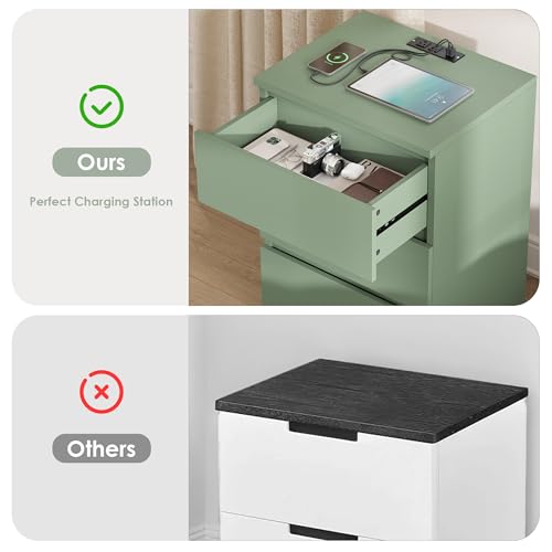 Keyluv 3 Drawers Nightstand Set of 2 with Charging Station, Modern Bedside Table with USB Ports, Sofa Side Table Night Stand with Storage, Sturdy End Table for Bedroom/Living Room/Home Office, Green - color: Green