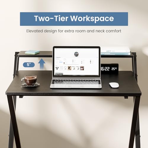 DUMOS Folding Desk with Shelf, No Assembly Computer Desk, Small Space Ink | Foldable Desk with Shelf Saves Space for Bedroom, Office and Dorm Use - color: Ink